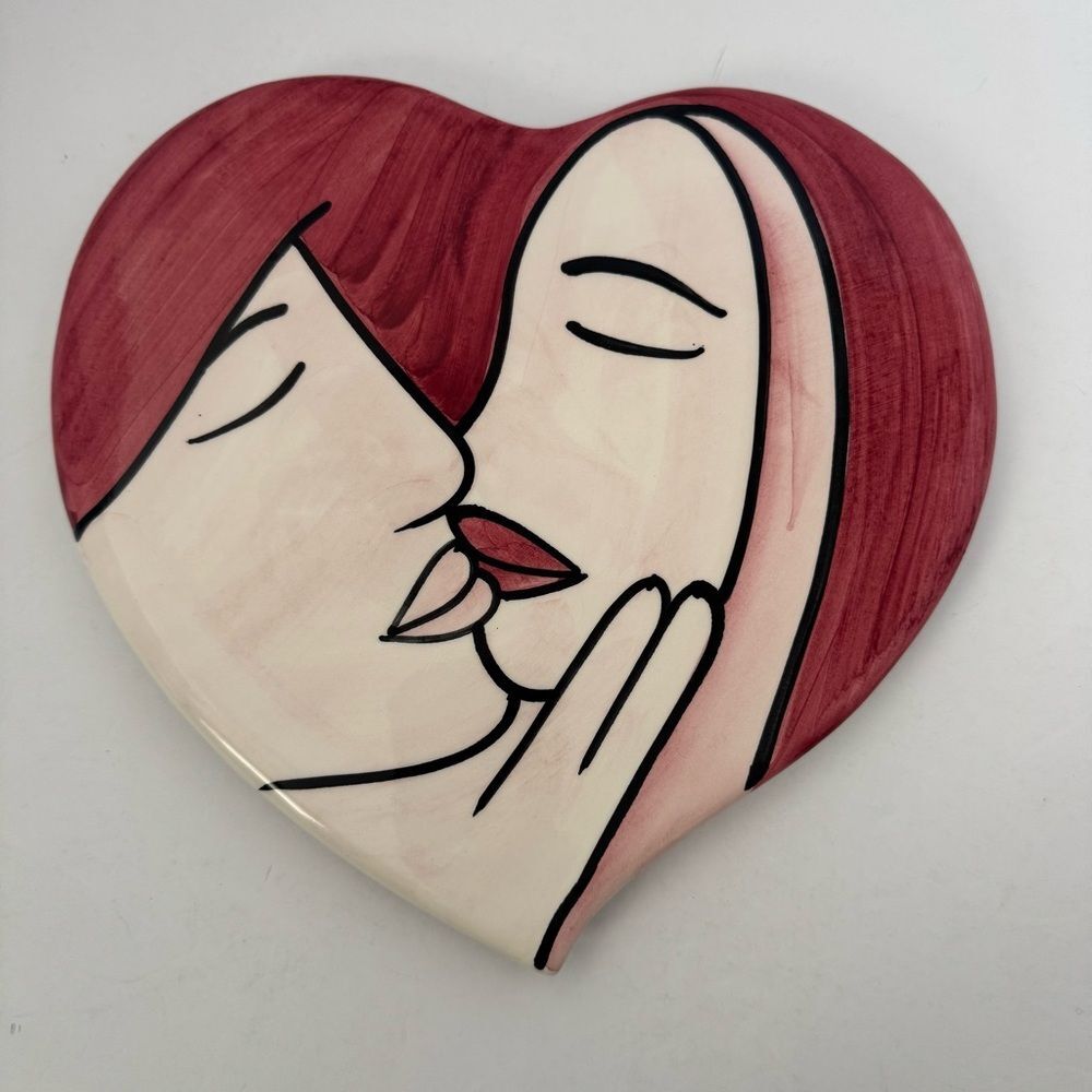 Zanolli hand-painted Italian heart-shaped ceramic kissing couple wall plaque
